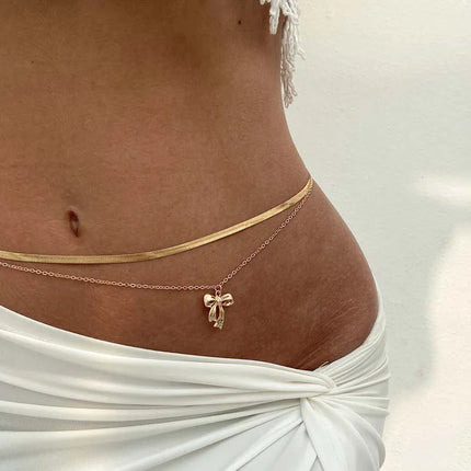 Sexy Bow Flat Snake Waist Chain for Women Simple Gold Color Metal Double Layered Belly Chain Summer Beach Jewelry Accessories