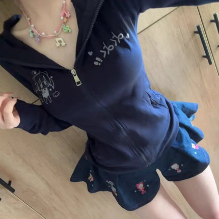Japanese Vintage Rabbit Ears Hoodie Long Sleeve Polka Dot Print Y2k Retro Slim Zipper Patchwork Sweatshirt Women Sweet Cartoon