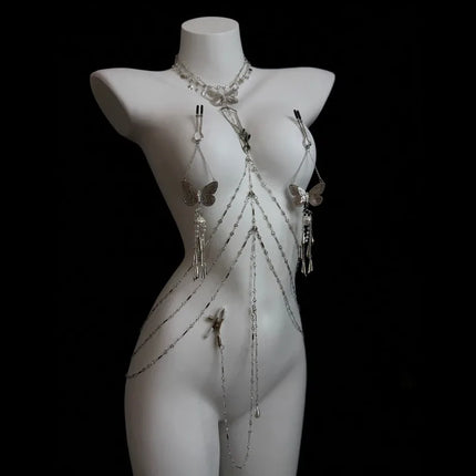 Sexy Butterfly Nipple Clips Body Chains Collar-Integrated Set Paired with Butt Plugs Vaginal Clamps Body Restraints Sex Toys