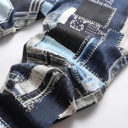 Best-selling Men's Stretch Jeans, Blue Checkered Denim Pants, Casual Trousers in Asian Sizes.