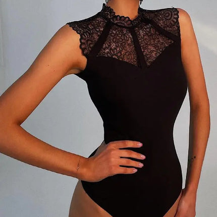 Women Sexy Black Lace Bodysuits Rompers Sleeveless Slinky New Fashion Bodycon Wrap Bodysuit