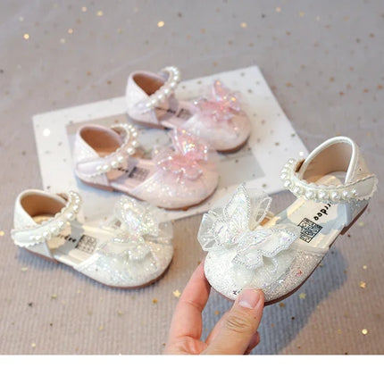 Chic Girls Dress Shoes for Wedding Party Bling Sequins with Rhinestone Butterfly Sweet Princess Chic Kids Flat Shoes Lace Beaded