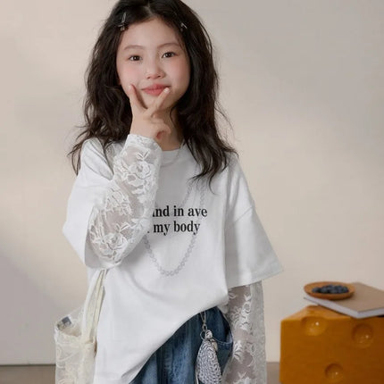 Fake Two Piece Lace Girls Clothes 11 To 12 Years Children's Clothing From 10 Korean Kids 7 T Shirt Outdoor T Shirts Top Girl 8 4