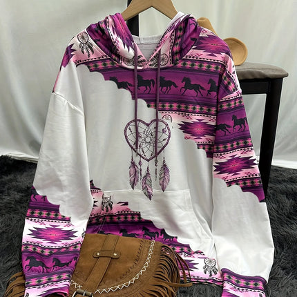 Women's casual fashion round neck pullover hoodie Western ethnic style retro print women's top hoodie