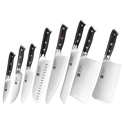 XINZUO Premium Modern 1-8PCS Din 1.4116 Stainless Steel Chef, Santoku, Utility & Paring Knife Set with Black Ebony Handles
