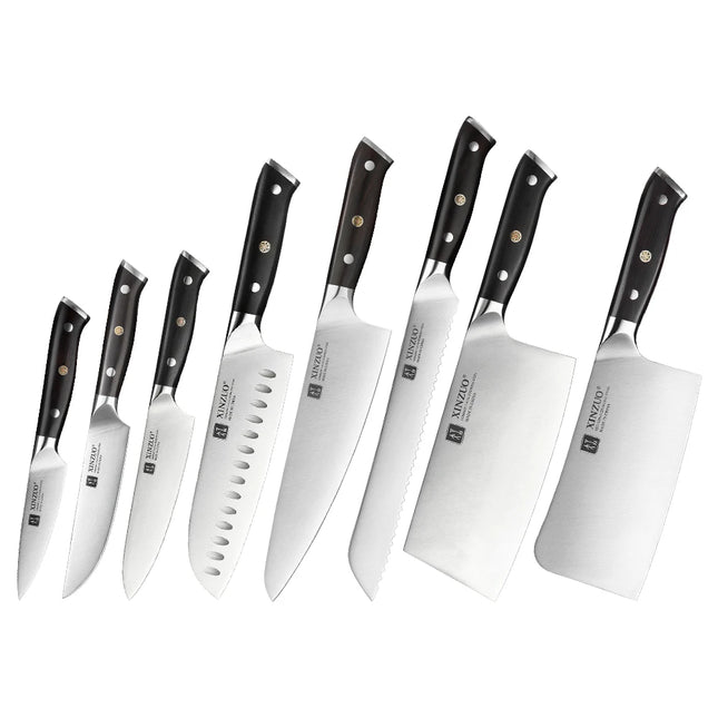 XINZUO Premium Modern 1-8PCS Din 1.4116 Stainless Steel Chef, Santoku, Utility & Paring Knife Set with Black Ebony Handles