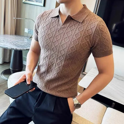 Business Casual Summer New Style Short Sleeve Polo Shirt Men's Knitted Slim Fit Collared Top Trendy Ins Style AE Stock