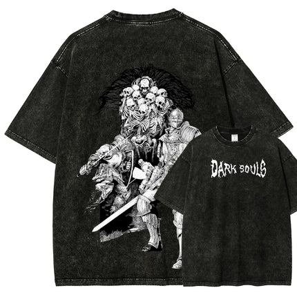 Classic Action Role-playing Game Dark Souls Peripherals Print T-shirt Street Harajuku Men Women Retro Washed Cotton Oversize Top