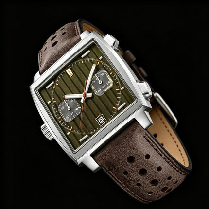 White Black Blue Leather Square Men Watch, VK63 Quartz Chronograph Wristwatch with Sapphire Crystal