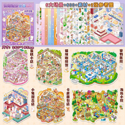 Kawaii 3D Cartoon Miniature Scene Stickers Book Collection Pocket House Stacking Stickers DIY Handmade Scrapbook Decoration