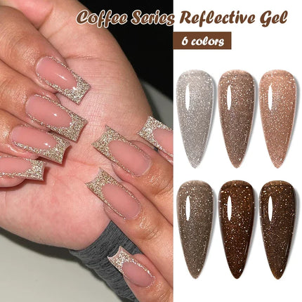 6pcs Coffee Brown Reflective Glitter Gel Nail Polish Set Dark Flashy Semi Permanent Soak Off UV Gel Varnish Nail Supplies Salon