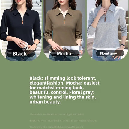 False Two-piece Design Polo Collar Shirt Women's Long Sleeve Cotton T-Shirt Solid Color Business Casual Blend Top Fashion Style