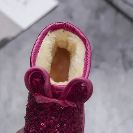 Girls Snow Boots Bunny Ear Bowtie Sequins Cute Winter Warm Ankle Boots Princess Toddler Non-slip Fashion Kids Boot Glitter Bling