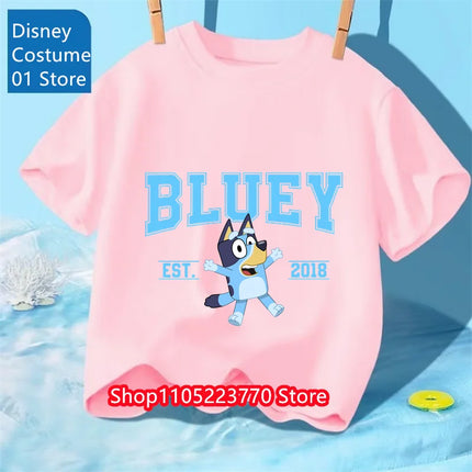 Bluey Themed Kids T-Shirt Boys Girls Autumn Winter Cartoon Graphic Short Sleeve Tee Daily Wear Top