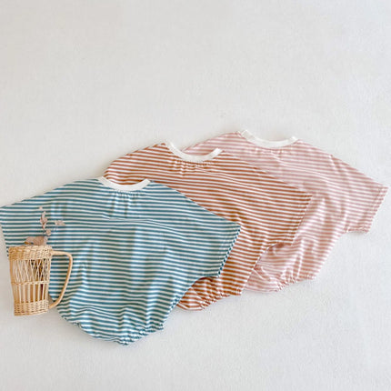 Summer style baby girl jumpsuit with cotton short sleeves, smiley face printed stripes, and a climbing suit