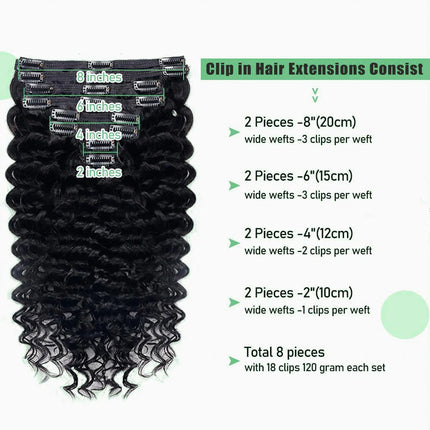 Human Hair Deep Wave Clip In Hair Extensions Brazilian Clip In 8 Pcs/Set Natural Black Color Clip Ins Remy Hair 10-26 Inch 120G