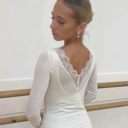 Absobe Long Sleeve Lace Trim T-shirt Women Sexy Low Cut V-Neck Patchwork Versatile Slim Female Top Solid Color Casual Streetwear