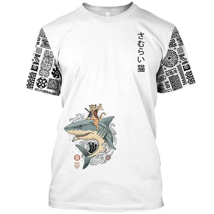 Japanese Samurai Cat Print T Shirt For Men Casual Simplicity O-neck Short Sleeve Fashion Trend Harajuku Streetwear Oversized Top