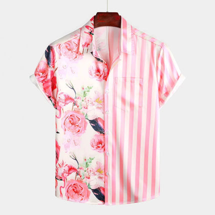 Summer Mens Striped Floral Patchwork Hawaiian Shirt 3D Print Short Sleeve Pocket Casual Oversized Beach Camisa Havaiana Listrada