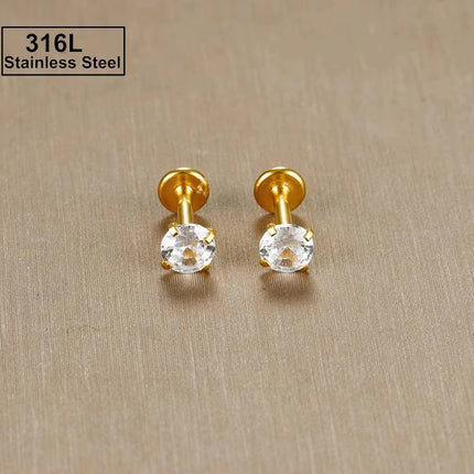2PC Labret Tragus Stud Earrings 16G Surgical Stainless Steel CZ Crystal Monroe Helix Cartilage Conch Medusa Lip Body Piercing