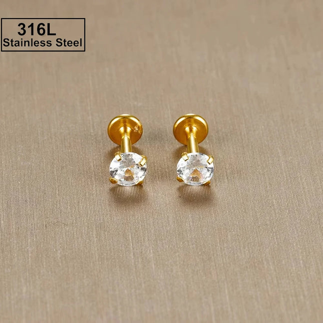 2PC Labret Tragus Stud Earrings 16G Surgical Stainless Steel CZ Crystal Monroe Helix Cartialge Conch Medusa Lip Body Piercing