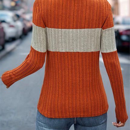Women's Color-block Patchwork Crewneck Long-Sleeve T-Shirt, Elegant for Spring and Autumn