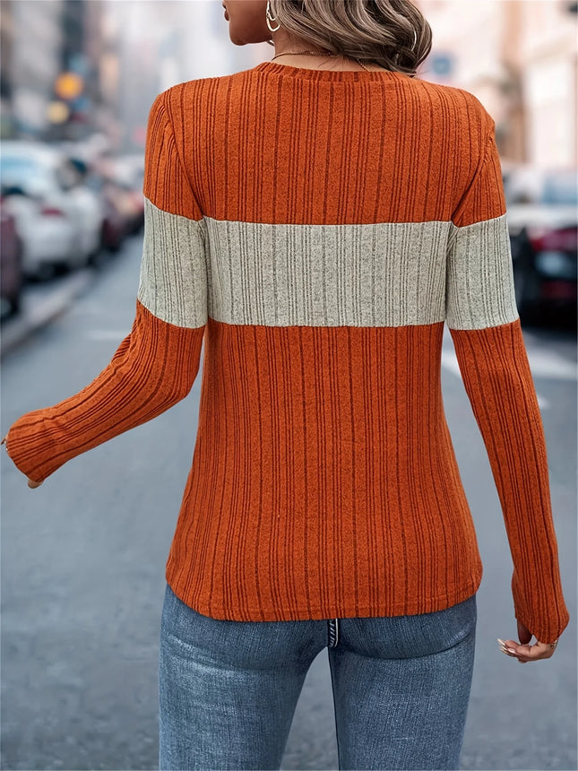 Women's Color-block Patchwork Crewneck Long-Sleeve T-Shirt, Elegant for Spring and Autumn
