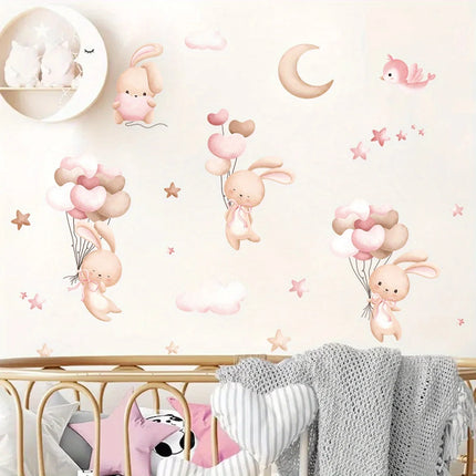 Cartoon Cute Rabbit Balloon Animal Wall Stickers Removable for Kids Room Living Room Nursery Background Decoration Wall Decals