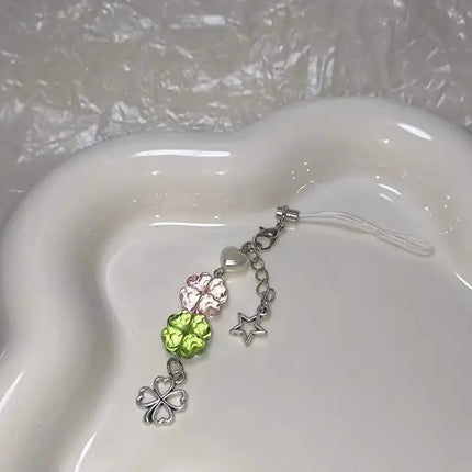 Y2K Lucky Four Leaves Clover Heart Key Ring Green Leaf Star Key Chain Cases for Phone Camera Korean Cute Beaded Couple Keychain