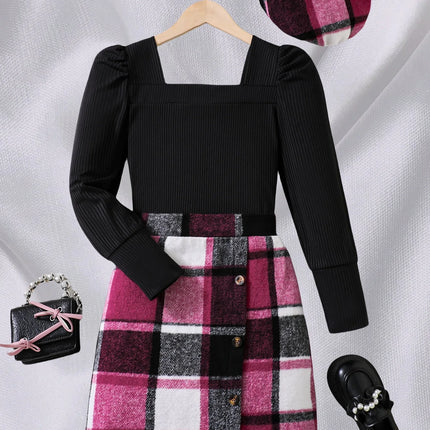 Autumn children's three-piece set for girls square collar black bubble long sleeve top plaid irregular skirt beret fashion sexy