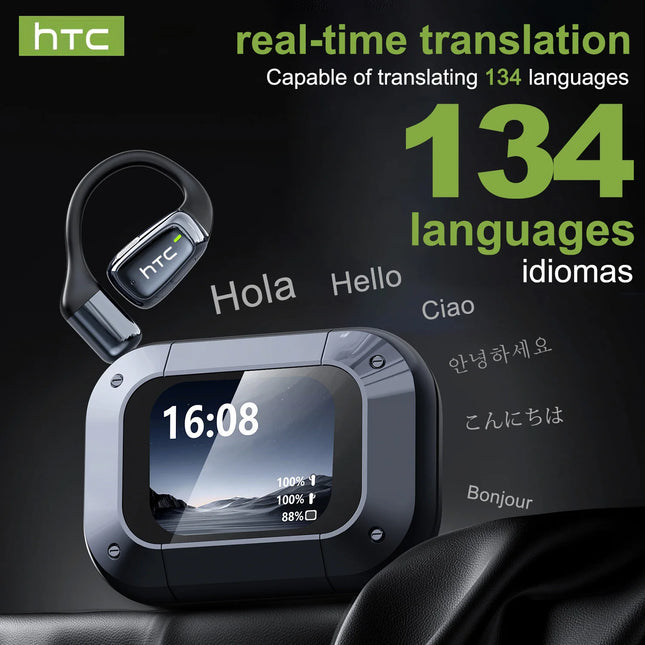 HTC NE25 Open-ear Wireless Headphones Bluetooth V6.0 Ai Translator Earphones HD LCD Display Headset Fits securely 30Hrs Playback