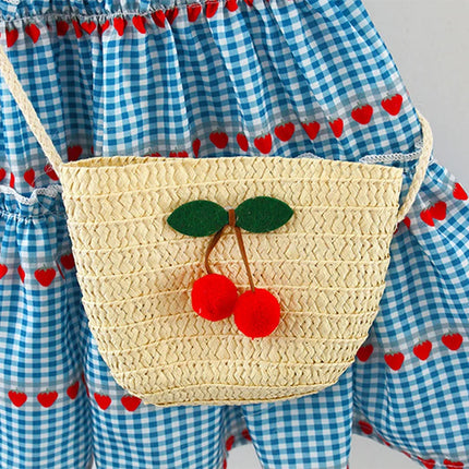 2 Pcs Baby Girl's New Summer Dress with Sleeveless Round Neck Plaid Heart Cherry Cotton Skirt and Diagonal Cross Bag Included