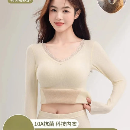 Women's Heated Underwear Set, Winter Fleece Lined Seamless Base Layer Top & Pants with Removable Bra, Thermal Wear MOYISU M-2XL