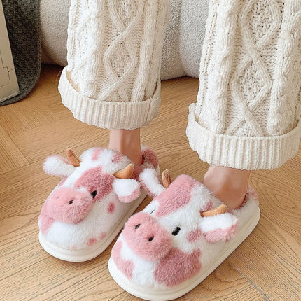 Pallene Cow milk Fuzzy Slippers Women Winter Cartoon Fur Slippers Soft Cozy Plush House Shoes Female Bedroom Cute Furry Slides