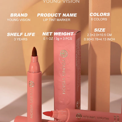 Lip Tint Pen, 6 Colors Available, Matte Water Lipstick, Non-Stick Cup, Long-Lasting, Smooth Lip Liner and Lip Stain Combo