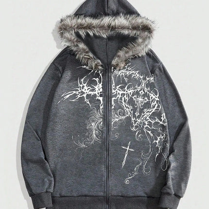 2026 New Women's Winter Fleece Collar Zip Up Hoodie Cross Print Gothic Hip Hop Loose Fit Long Sleeve Sweatshirt
