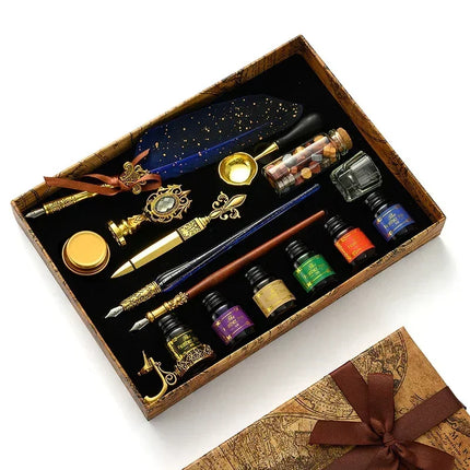 Luxury Fountain Pen Set, Retro Sprinkling Feather Pens Calligraphy Writing Dip Kit with Wax Seal Stamp & Replace Nibs, Gift Box