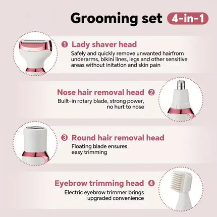 4-in-1 Rechargeable Electric Lady Shaver Set - 500mAh Portable Wet/Dry Trimmer for Face, Nose, Legs & Underarms