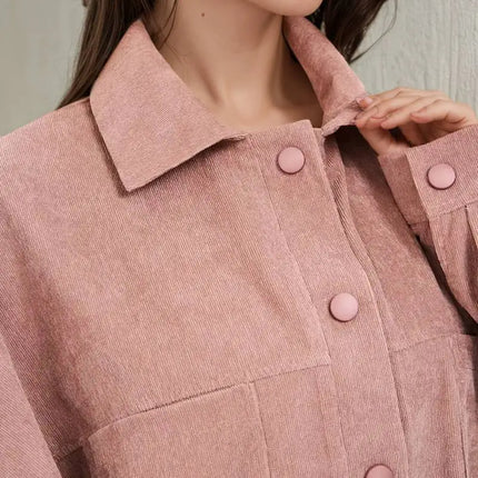 Women's Plus Size Retro Outerwear Collared Shirt Set with Loose Casual Corduroy shirt