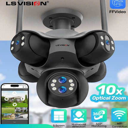 LS VISION 10K 30MP Outdoor WiFi IP Camera 6 Len 5 Screen 360° 10X Zoom PTZ Security Cam Auto Tracking CCTV Wireless Surveillance