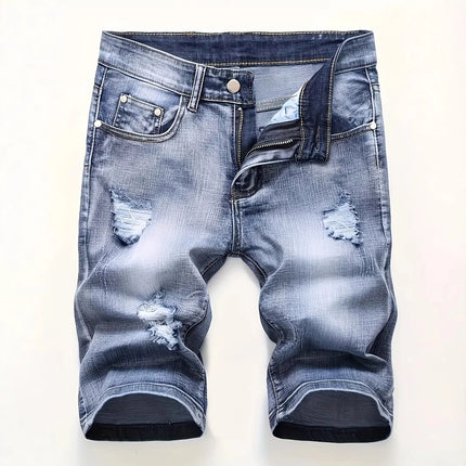 Men's denim shorts with summer frayed elastic men's casual pants slim-fit European-style shorts tight and worn-out men's pants
