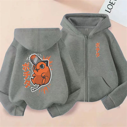 Anime Chainsaw Man Washed Retro Zipper Hoodie Cartoon Denji Pochita Funny Graphic Zip Up Jacket Men Women Manga Oversized Coat