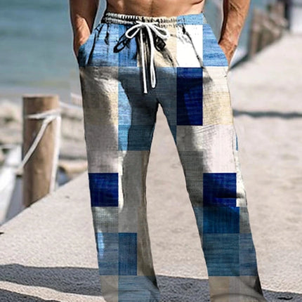 Plaid Color Block Men's Resort 3D Printed Casual Pants Trousers Elastic Waist Fit Straight-Leg Pant Summer Beach Pants