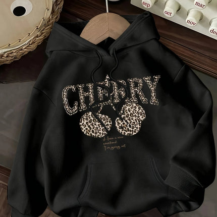 Leopard Print Cherry Letter Printed Women's Autumn Winter Round Neck Sweatshirt Casual Long Sleeved Top Hoodies Women's Clothing