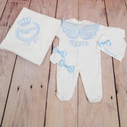Personalized Name Baby Coming Home Outfit Angle Wing Infant Cotton Romper Onesie Blanket Pregnancy Embroidery Laurel Tree Gift