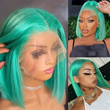 14inch Mint Green Short Bob Straight Hair Wig 13x4 HD Lace Frontal Synthetic  Preplucked  for Women drag queen