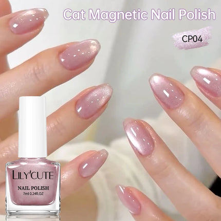 LILYCUTE 7ml Silver Glass Cat Magnetic Nail Polish Pink Colorful Shining Effect Nail Art Varnish No Need Lamp Air Dry