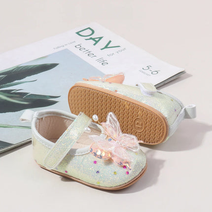 Shiny 3D Butterfly Princess Dress Shoes for Baby Girl Glitters Flats Non-Slip Crib Shoes Walking Shoes for Toddlers Infants