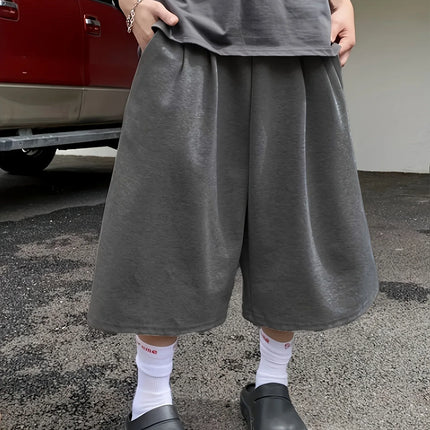 Men Solid Color Casual Capri Shorts Loose Wide Leg Baggy Mid Length Streetwear Daily Sports Pants
