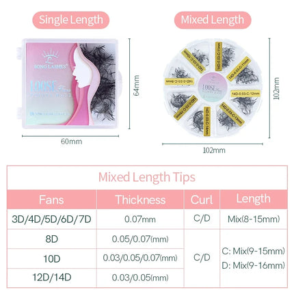 SONG LASHES  0.10 0.05 thickness Premade Fans Pointy Base Eyelash Extensions Sharp Thin Root  6D 8D 10D 12D 0.05 thickness